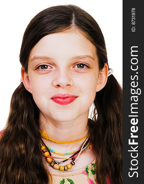 Close-up of a girl smiling isolated over white