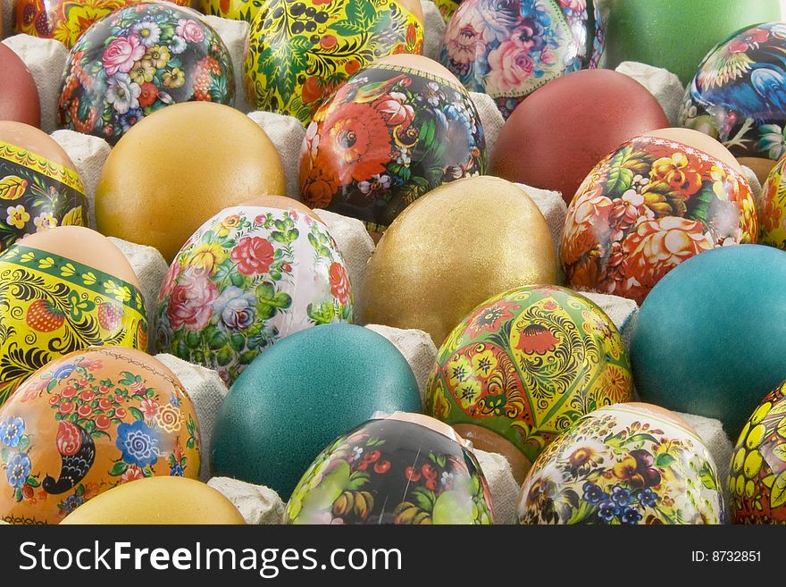 Many decorated different easter eggs background