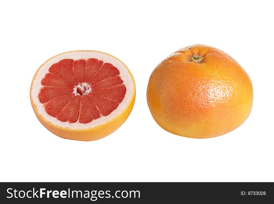 Whole and one piece of  juicy grapefruit isolated  on a white background. Whole and one piece of  juicy grapefruit isolated  on a white background.