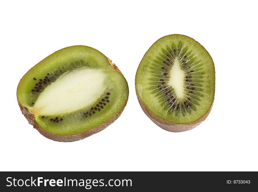 Two pieces of kiwi on a white.