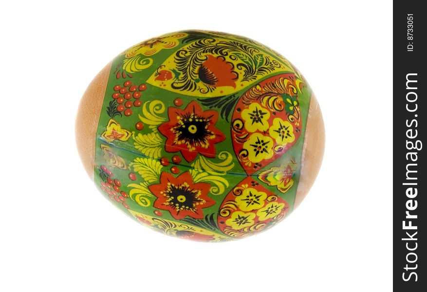 Easter painted egg covered by lacquer and ornamented by miniature painting which is origin from the Russian art. Isolated over white background