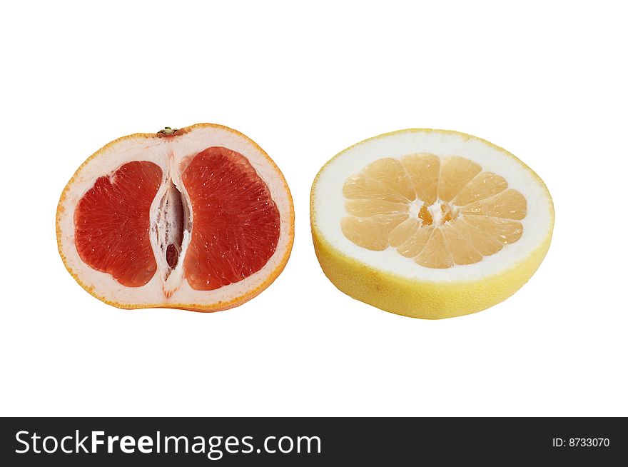 Two pieces of tasty citrus isolated  on a white background. Two pieces of tasty citrus isolated  on a white background.