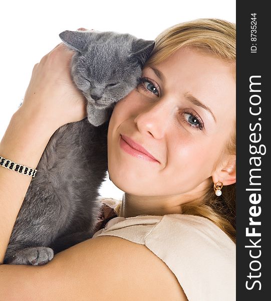 Young beautiful woman and little kitten