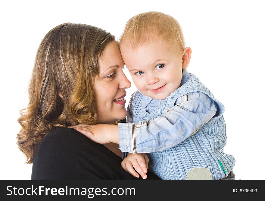 Mother and son. Isolated on white background