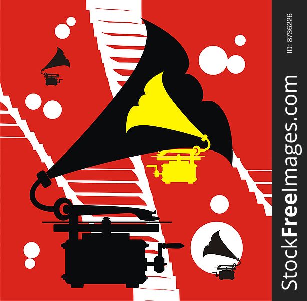 Silhouette of the gramophone on red background