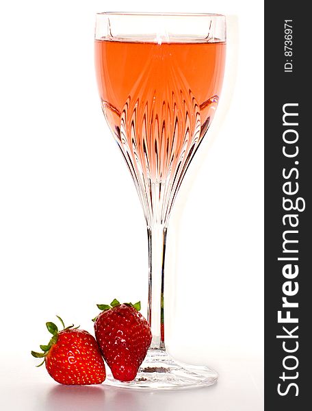 Glass of Wine with Strawberries on White Background