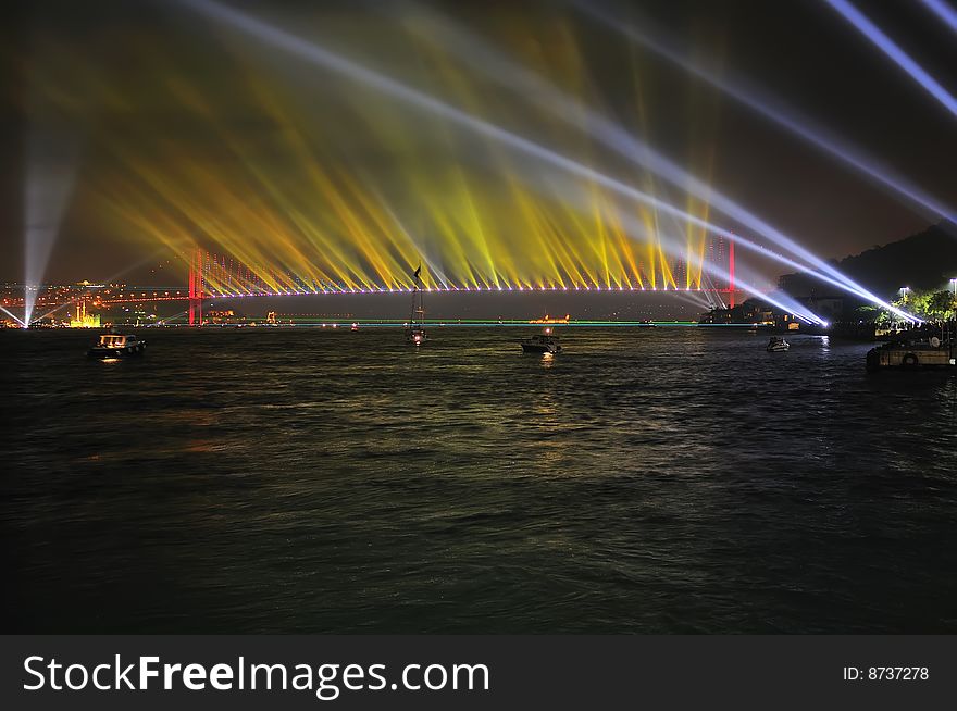 Firework And Light Show In Istanbul Bridge