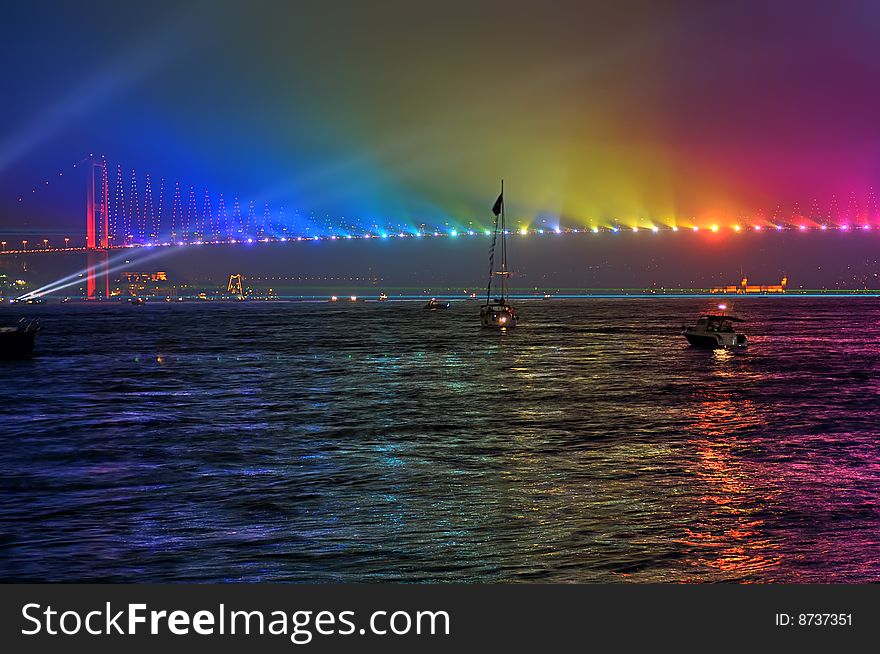 Firework And Light Show In Istanbul Bridge