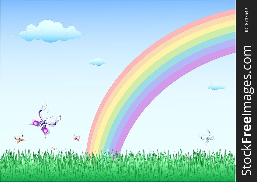 Rainbow with butterflies on a background of the sky and grass. Rainbow with butterflies on a background of the sky and grass