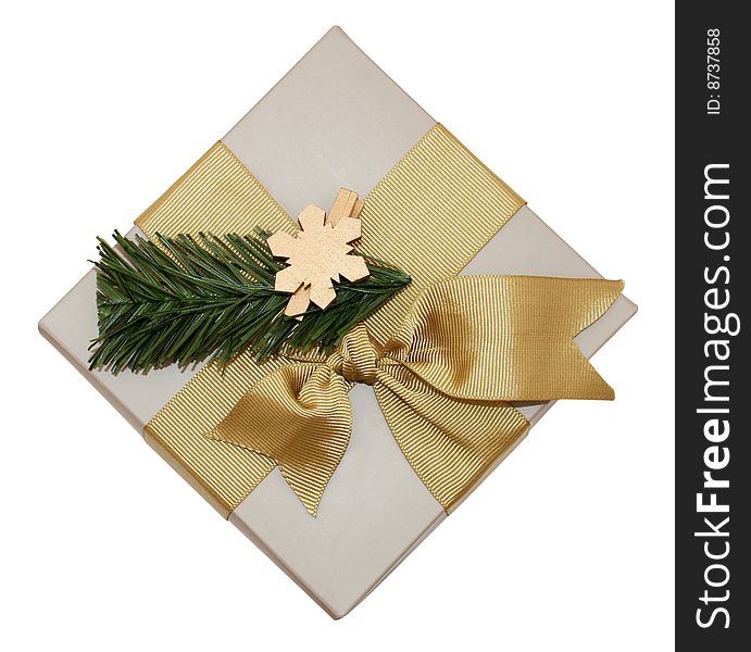 Gift box with golden ribbon isolated