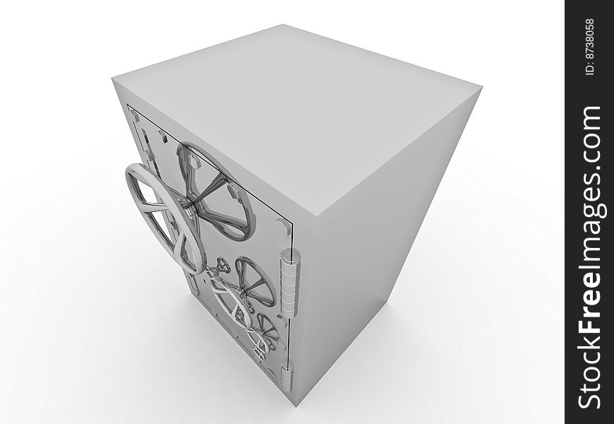 Metallic safe for storage of values on a white background