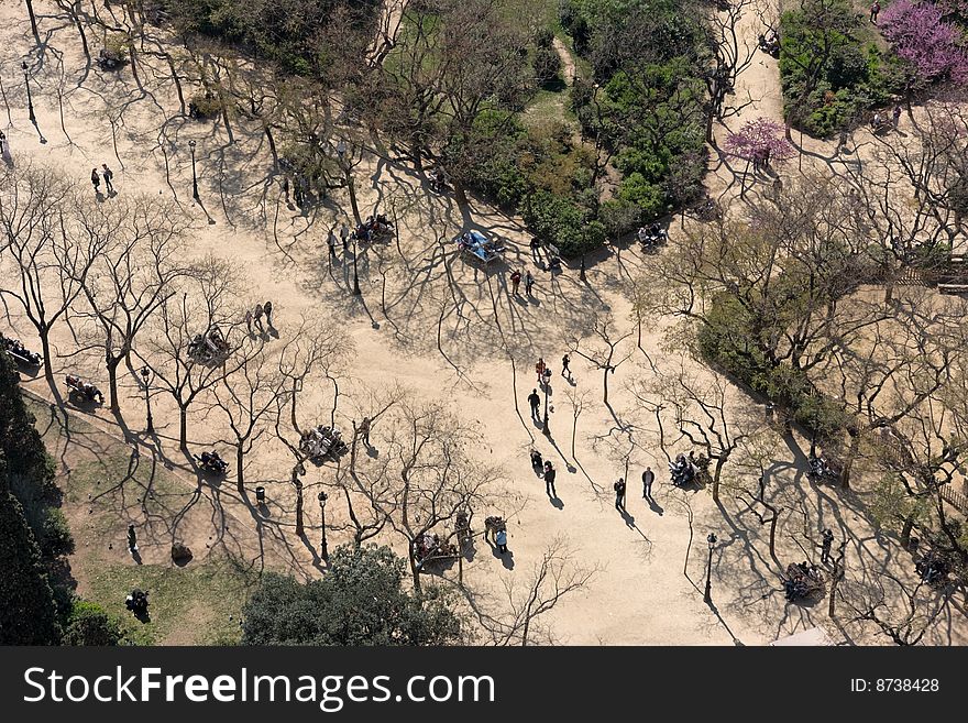 Birds eye view of people taking a walk in the park on a sunny day in early spring.