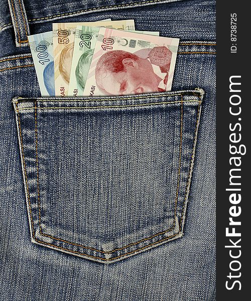Jean texture with pocket and turkish lira banknotes. Jean texture with pocket and turkish lira banknotes