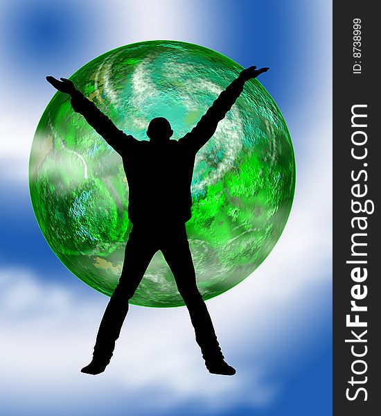 Computer made background image with green earth and a silhouette. Computer made background image with green earth and a silhouette