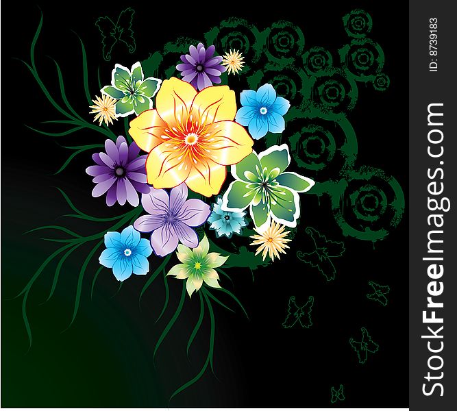 Abstract colorful flowers on dark background, , illustration. Abstract colorful flowers on dark background, , illustration