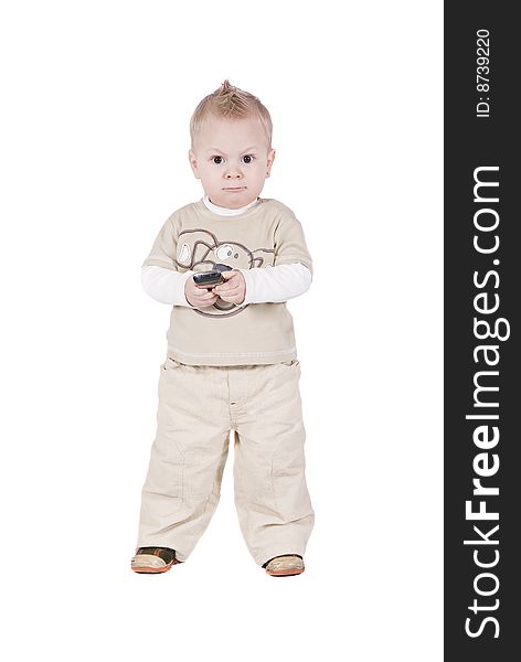 1 year baby with phone over white background