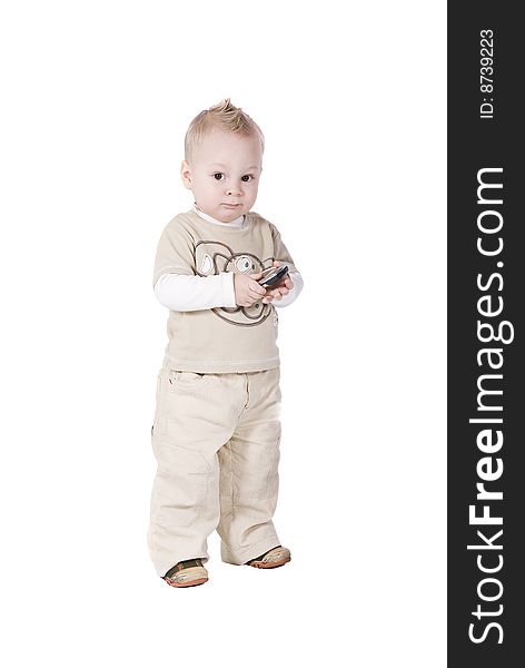 1 year baby with phone over white background