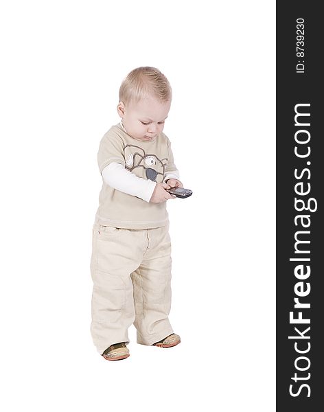 1 year baby with phone over white background