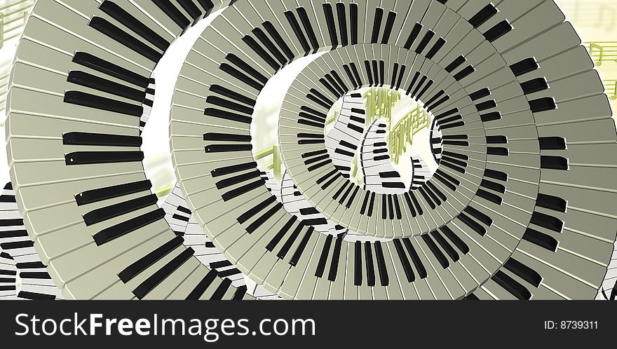 3D musical background with piano rings and notes