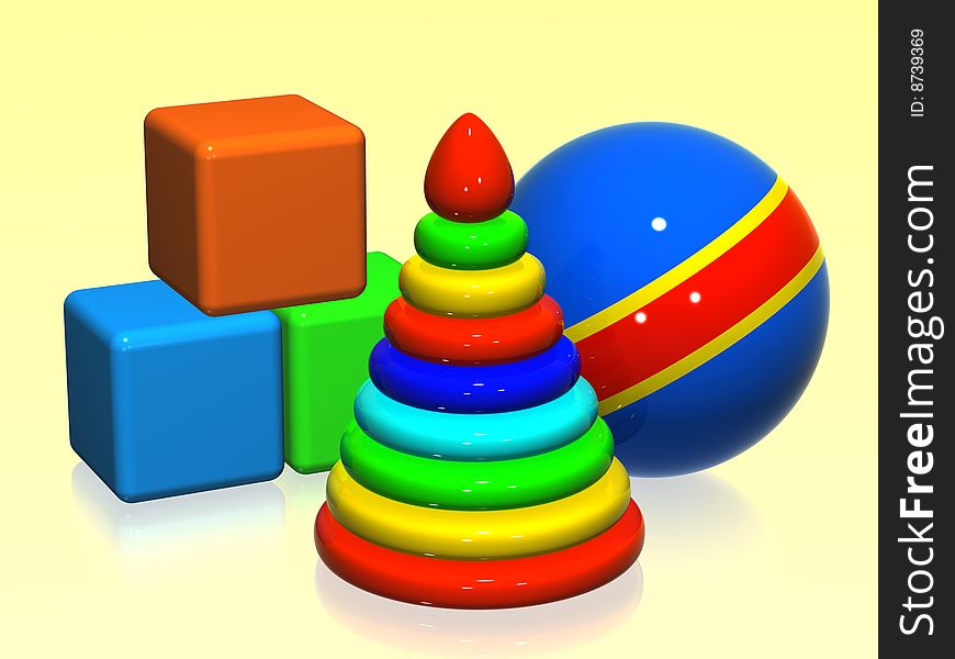 Colored kids toys, blocks, ball and pyramid