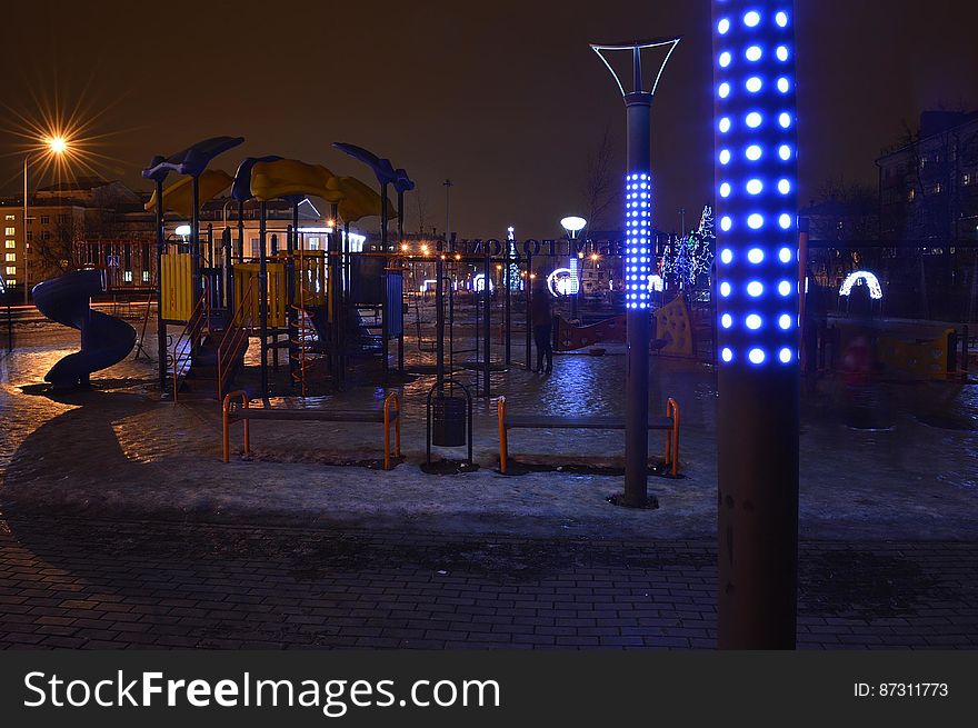 Frozen kinder-playground at the central part of the city. Frozen kinder-playground at the central part of the city.