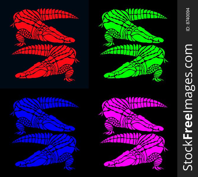 Vibrant pairs of crocodiles in red, green, blue and pink on contrasting black. Vibrant pairs of crocodiles in red, green, blue and pink on contrasting black
