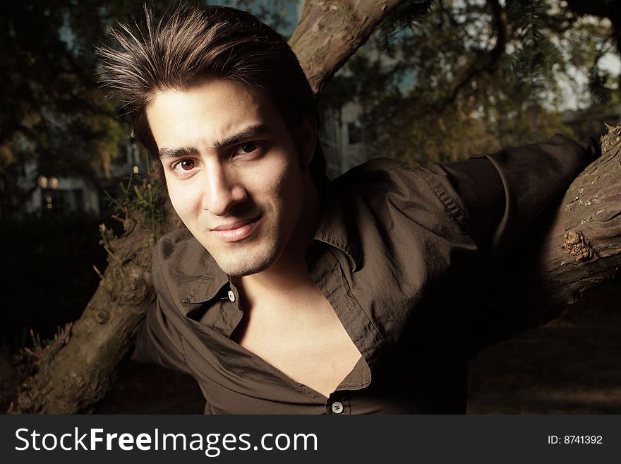Young man with his arms wrapped around a tree branch. Young man with his arms wrapped around a tree branch