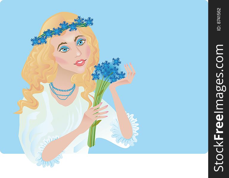A blue-eyed beautiful girl holds the bouquet of corn-flowers. A blue-eyed beautiful girl holds the bouquet of corn-flowers