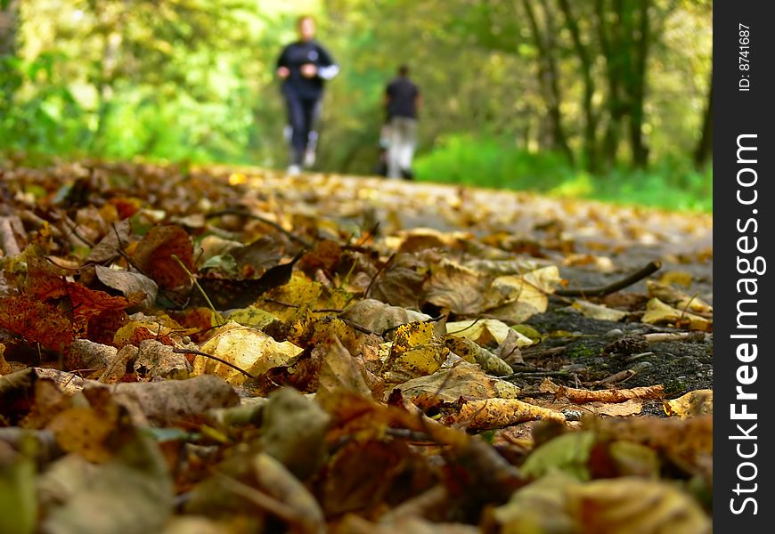 Autumn foliage and running sportsman on a defocused background. Autumn foliage and running sportsman on a defocused background