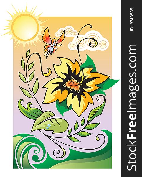 Little Fairy flying over beautiful flower with a lot of tendrils and leaves, floral ornament, vector illustration