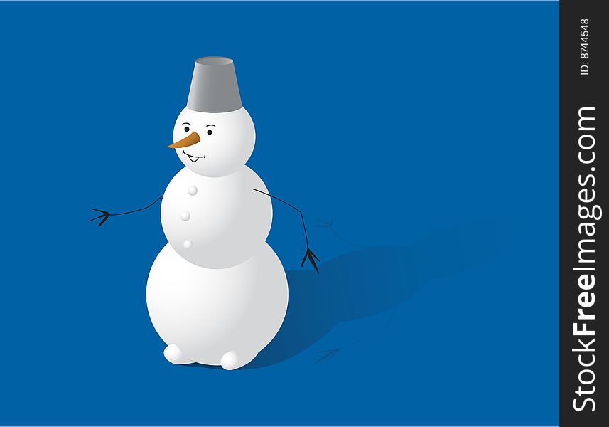 Vector snowman in bucket on blue background