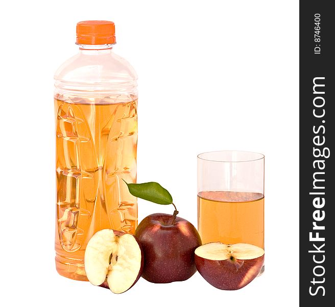 Bottle and glass of natural apple juce and sections of apple. Bottle and glass of natural apple juce and sections of apple