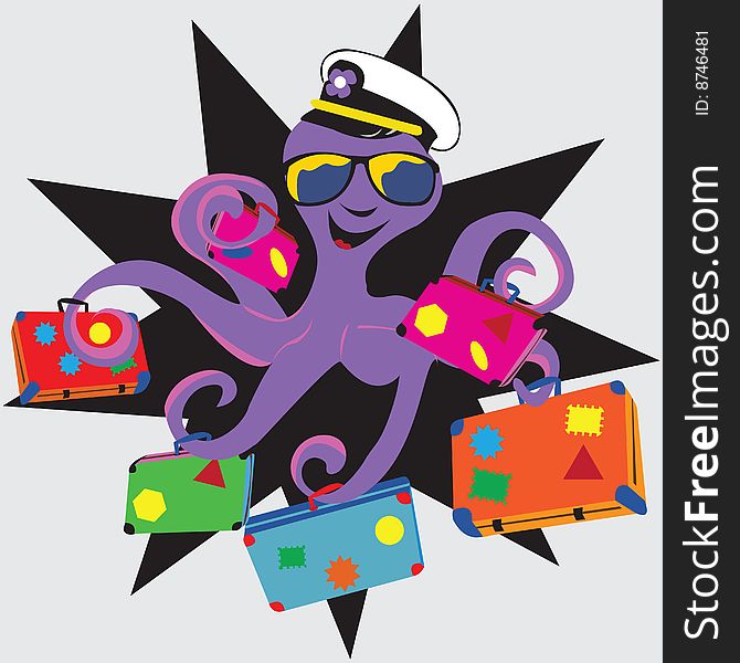 Abstract vector illustration of a smiling octopus with his sunglasses and a captain hat, holding suitcases. Abstract vector illustration of a smiling octopus with his sunglasses and a captain hat, holding suitcases.