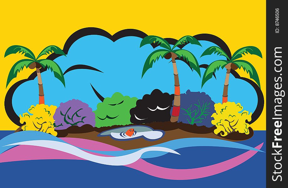 Vector illustration of a beautiful lonely island in a pop-art style