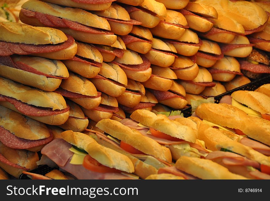 Freshfast food baguette in display