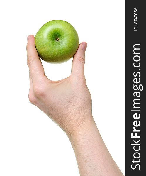 Hand holding green apple isolated on white background