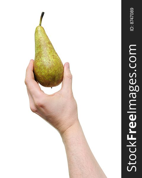 Hand holding pear isolated on white background