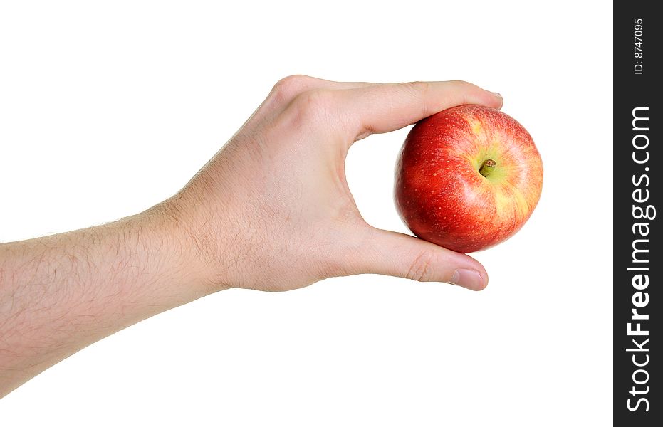 Hand holding red apple isolated on white background