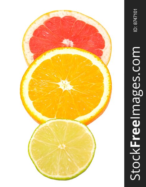 Lime, orange and grapefruit on isolated. Lime, orange and grapefruit on isolated