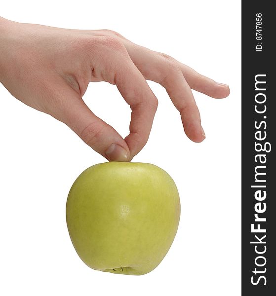 Color photograph hand holding a green apple on a white background. Color photograph hand holding a green apple on a white background