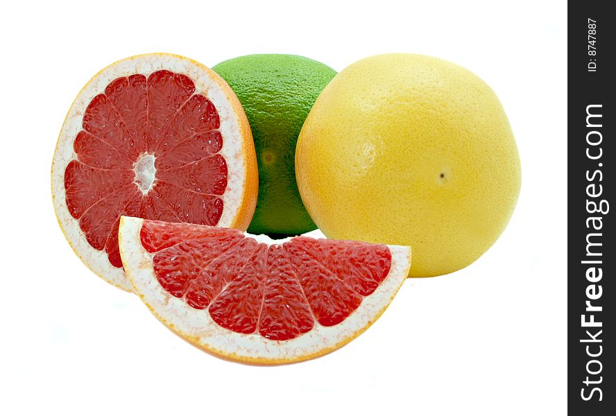 Bright yellow, red, green grapefruit isolated on a white background. Bright yellow, red, green grapefruit isolated on a white background