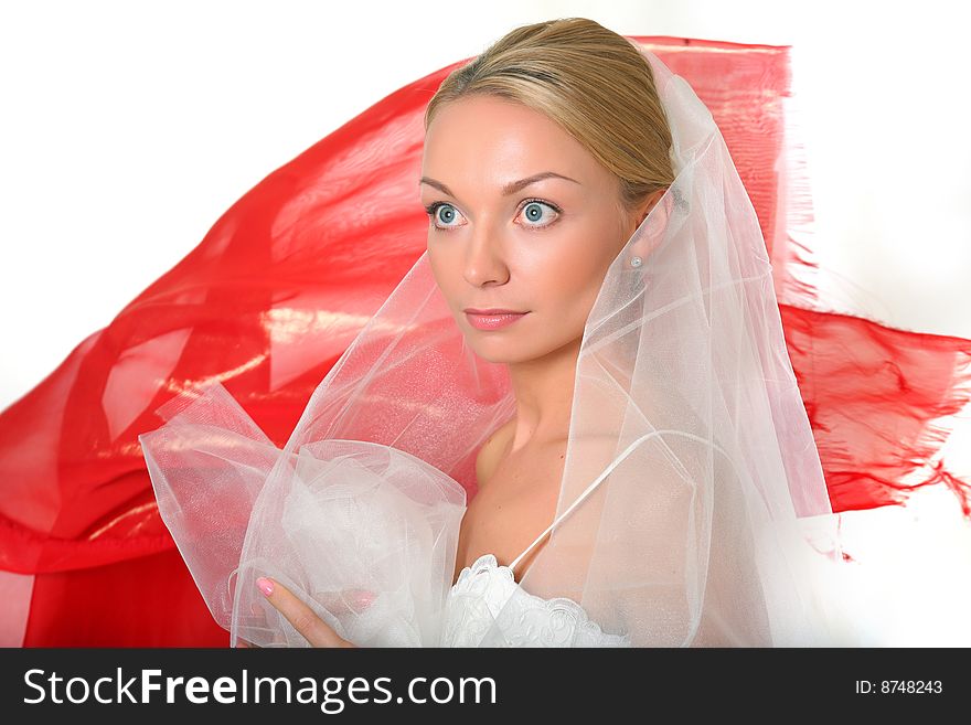 Beautiful young blonde in a veil, isolated on a white background, please see other photos of this series. Beautiful young blonde in a veil, isolated on a white background, please see other photos of this series