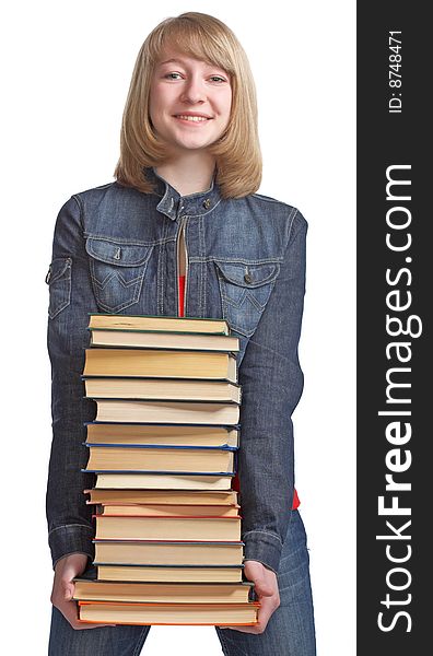 Beauty schoolgirl with book on white background