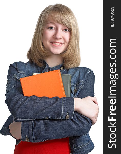 Beauty schoolgirl with book on white background