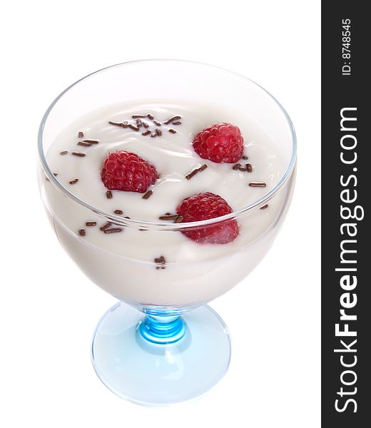 Raspberrys with yoghurt on a white background. Raspberrys with yoghurt on a white background.