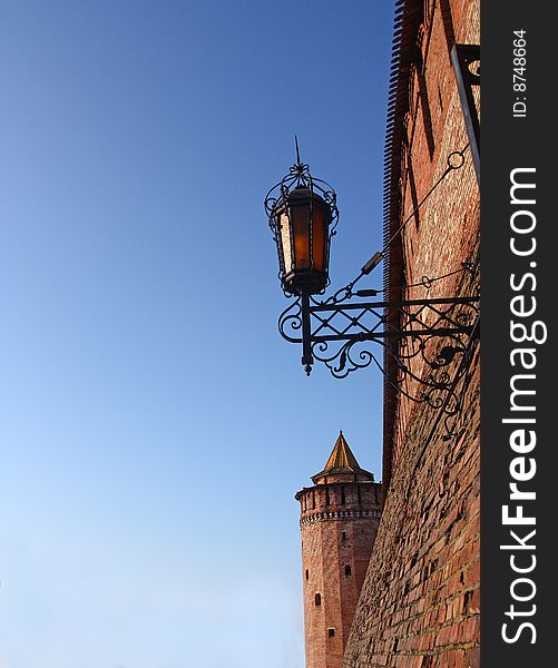 Red walls and  lantern of ancient kremlin. Red walls and  lantern of ancient kremlin