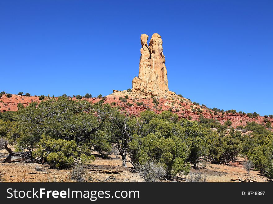 View of red rock formations in San Rafael Swell with blue sky�s