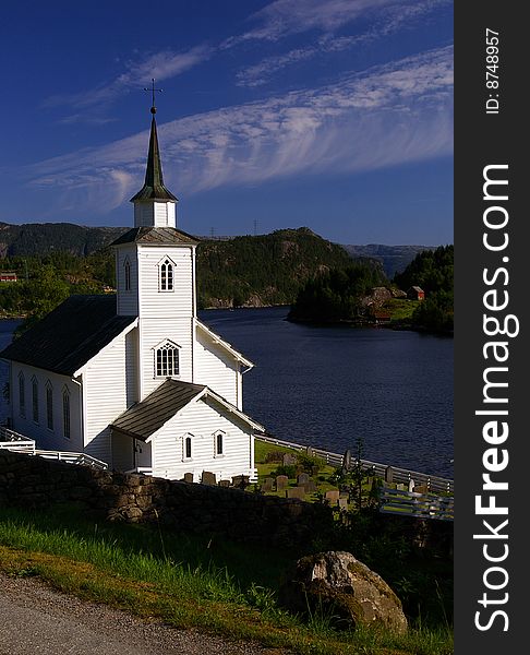 Typical Scandinavian  wooden church, Vikanes, Osterfjord, Norway. Typical Scandinavian  wooden church, Vikanes, Osterfjord, Norway