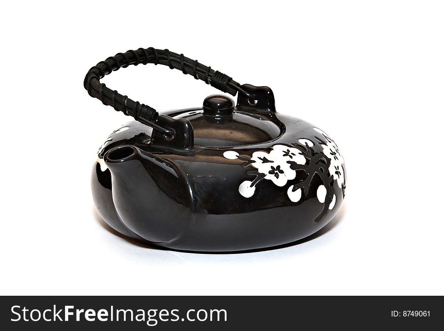 Oriental style teapot, black with wtite flowers