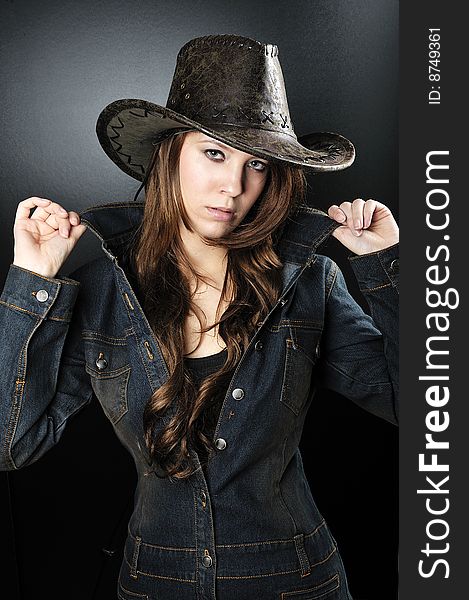Very brawn hair cowgirl with hat. Very brawn hair cowgirl with hat